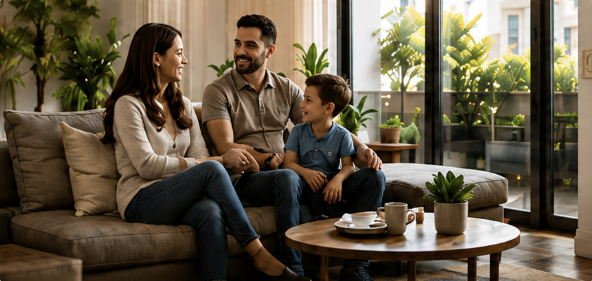 Familia compartiendo en la sala de su hogar